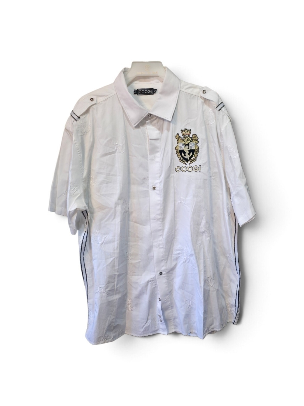COOGI White Short-Sleeve Button-Down Shirt with Embroidered Crest